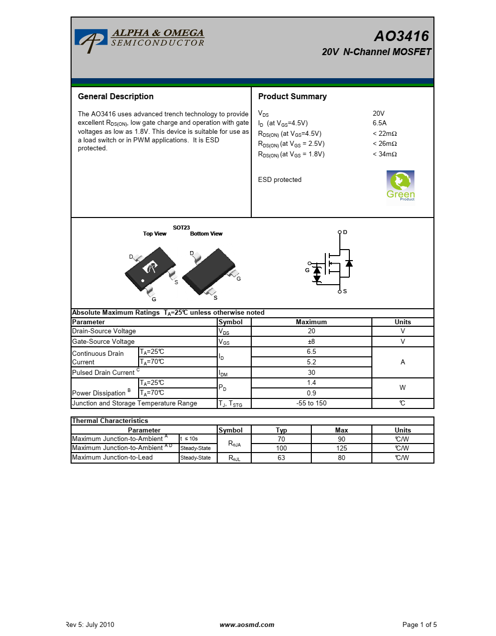 AO3416采用先进的沟槽技术，可提供出色的RD（ON）、低栅极电荷和低至1.8V的栅极电压