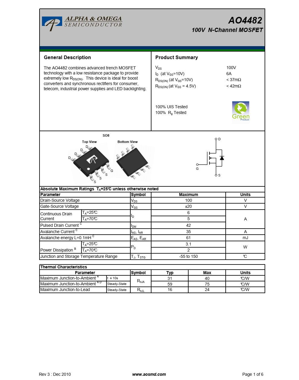 AO4482结合了先进的沟槽MOSFET采用低电阻封装技术,提供极低RDS（打开）