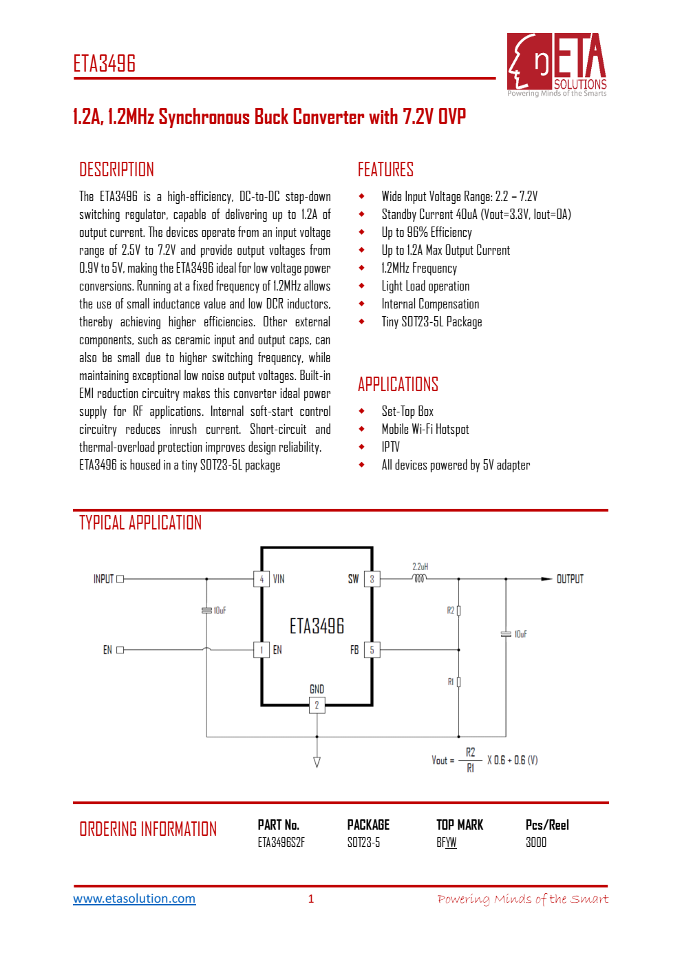 ETA3496是一款高效率的产品。DC-TO-DC降压开关调节器，能够提供高达L 2A的输出电流
