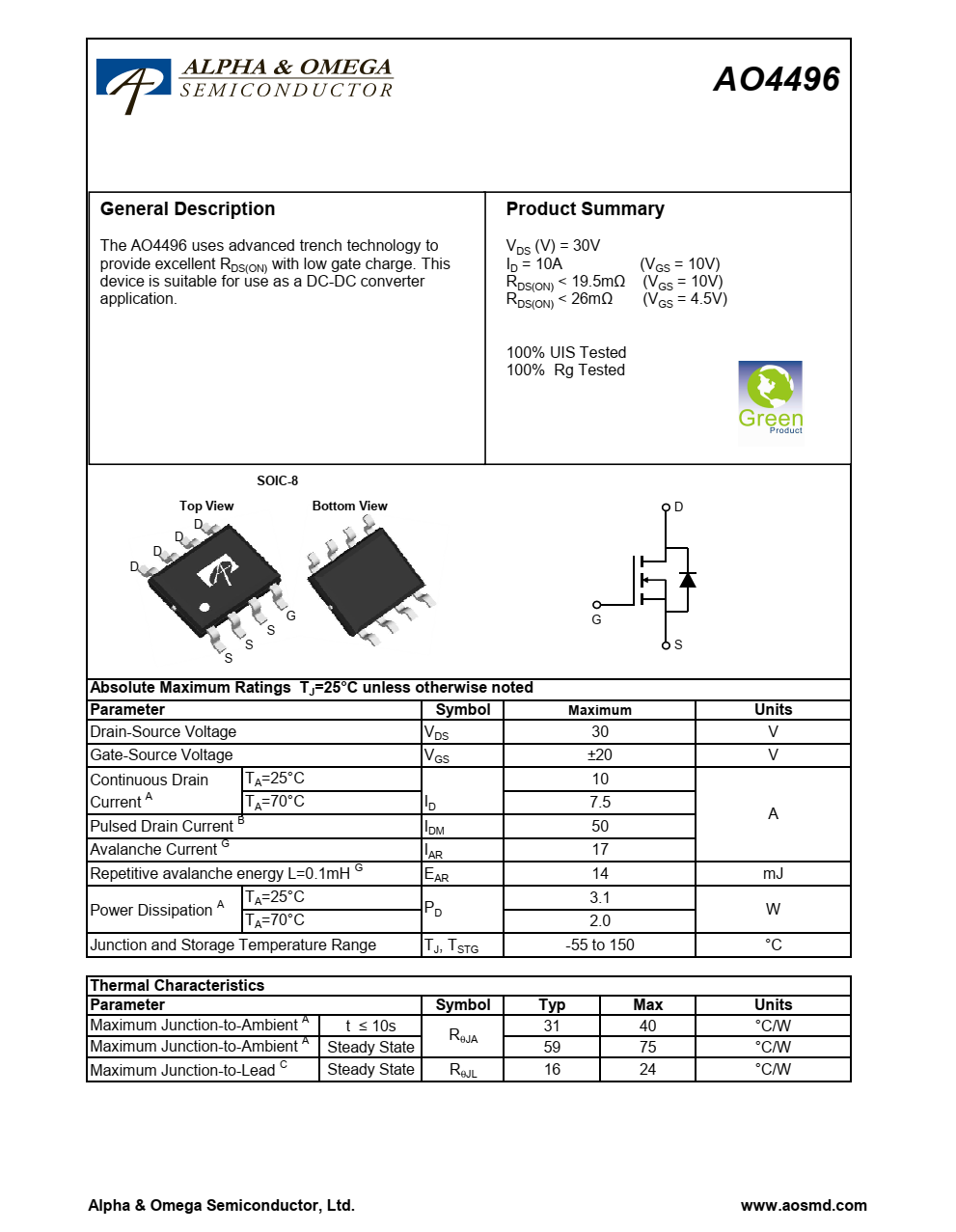 AO4496采用先进的沟槽技术  提供低栅极电荷的出色RDS（ON）