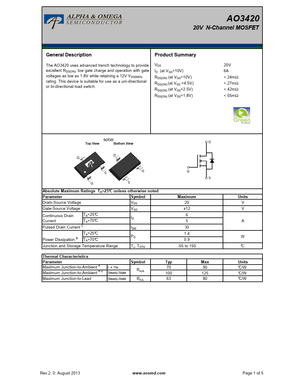 AO3420采用先进的沟槽技术，可提供20V出色的RDS（ON）、低栅极电荷和低至1.8V的栅极电压运行