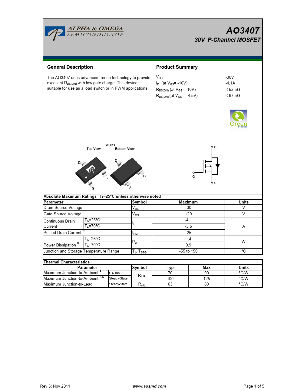 AO3407采用先进的沟槽技术提供出色的RDS（ON）和低栅极电荷