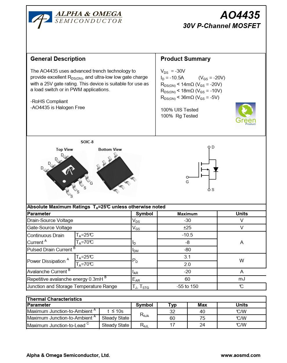AO4435采用先进的沟槽技术提供卓越的RDS（ON）和超低栅极电荷