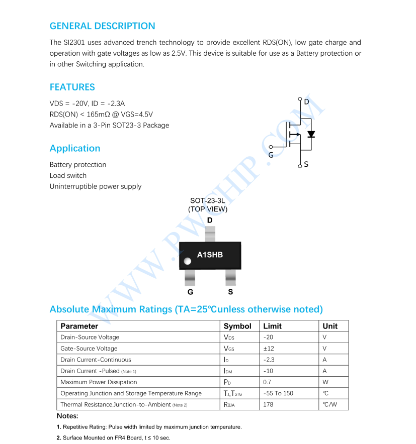 SI2301芯片P沟道增强型MOSFET