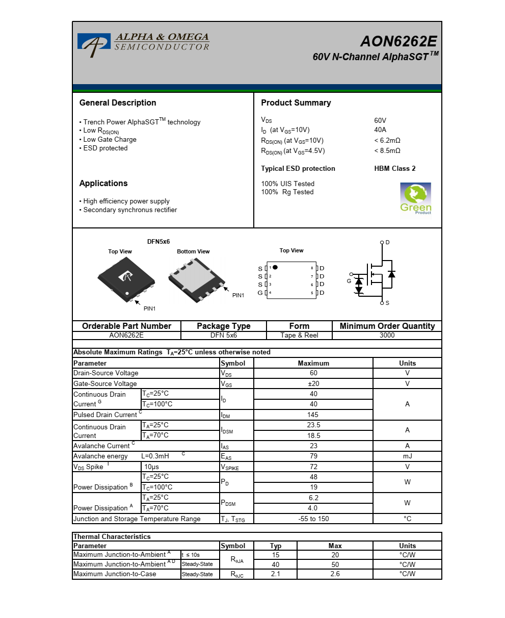 全新正品AON6262E美国万代DFN5*6封装，技术支持