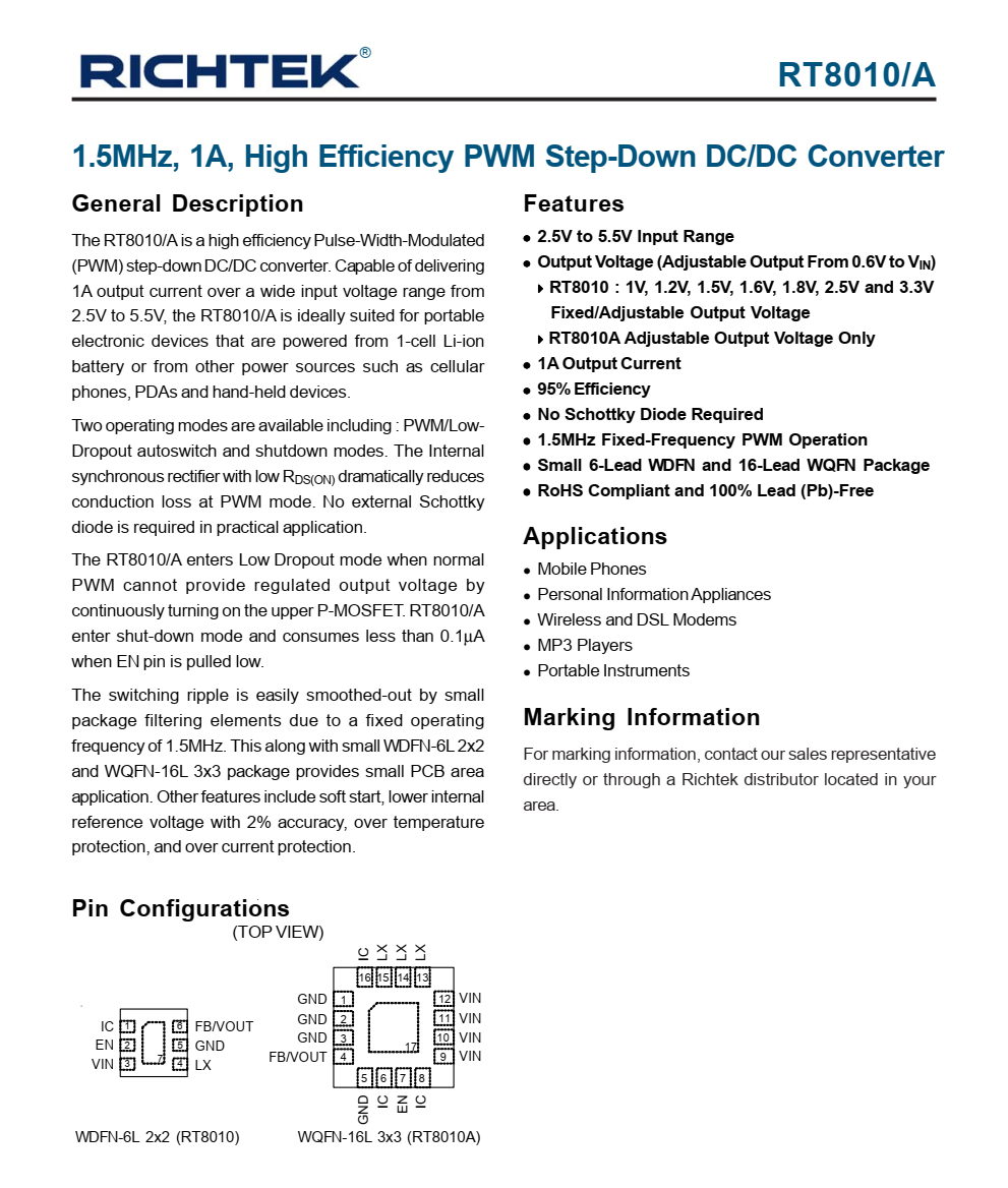 全新供应RT8010GQW封装DFN-6品牌台湾立锜