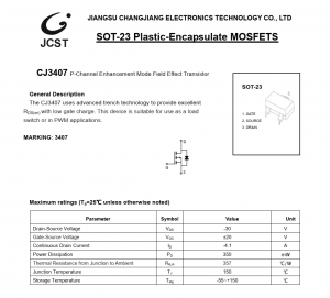 原装现货供应CJ3407封装SOT23-3品牌长电