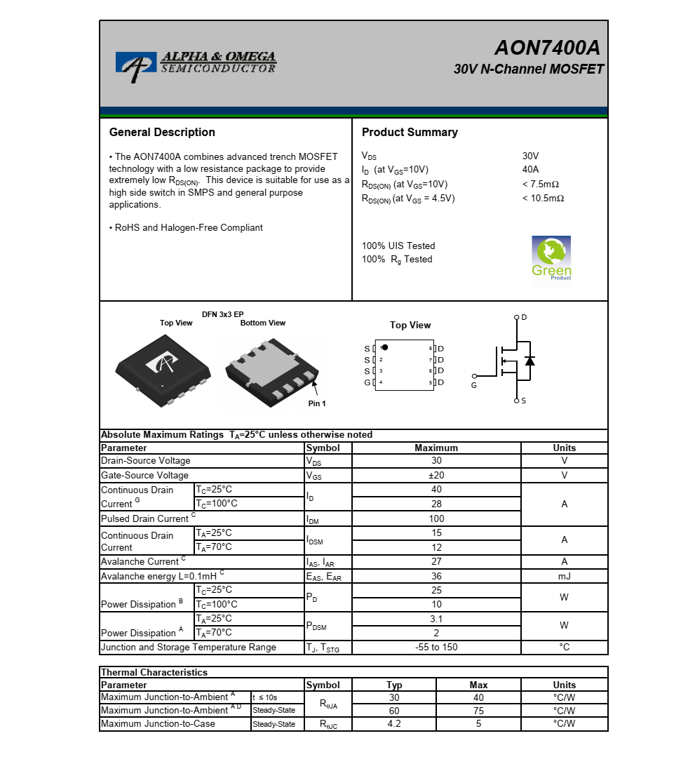 AON7400A品牌美国万代DFN5*6封装，原厂技术支持