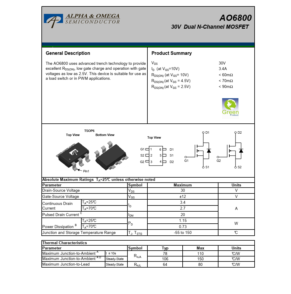 原装供应AO6800封装TSOP6品牌美国万代，质量可靠