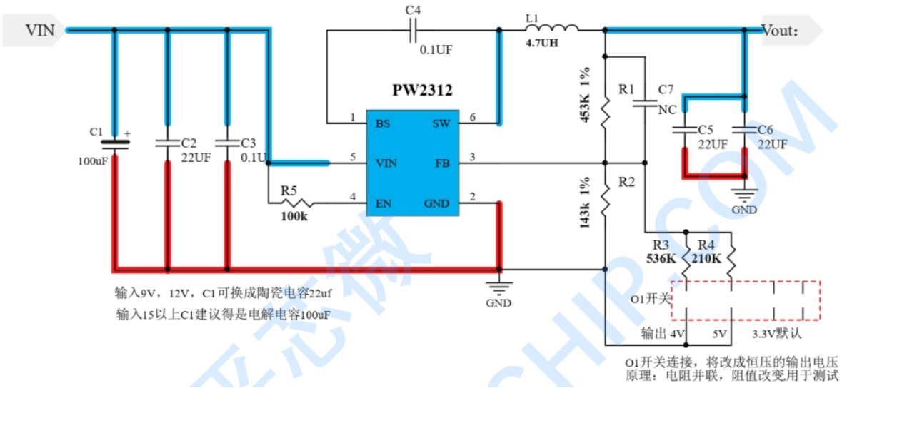 PW2312 的降压电路板作用是将输入电压降低，输出一个更低的电压。 46号