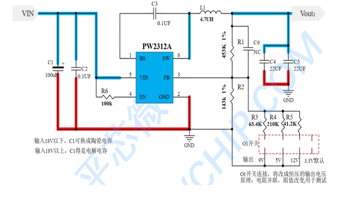 PW2312A 的降压电路板主要用于将高电压转换为低电压，降压 12V、 9V、 5V 或 3.3V 47号