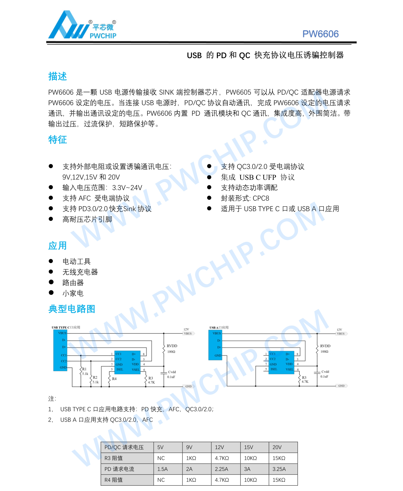 PW6606快充电压诱骗芯片，支持从PD和QC快充USB充电器取电IC